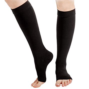 Kemford Open Toe Compression Socks – 1-Pair, 23-32 mmHg Calf Sleeve - Toeless Knee High Stockings for Men and Women - Black, Medium