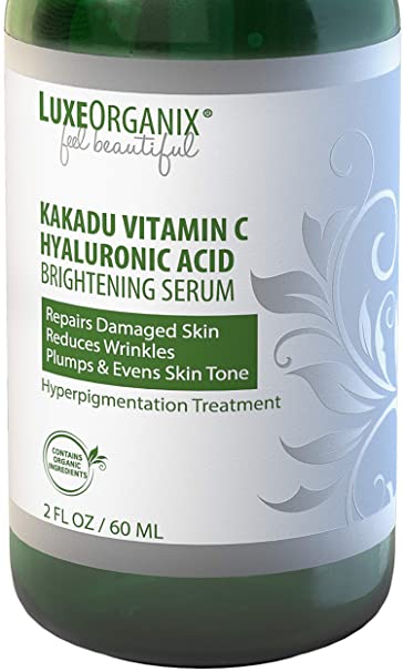 Kakadu Vitamin C Hyaluronic Acid Serum; (2 oz) Brightening Treatment Lightens Dark Spots, Reduces Blemishes & Wrinkles. Hydrates & Absorbs Quickly for Visibly Improved Vibrant Skin. LuxeOrganix.