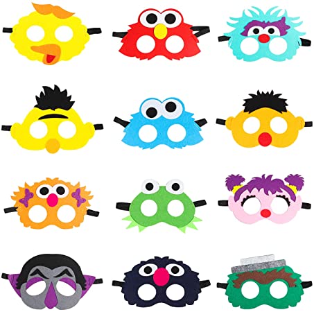 MALLMALL6 12Pcs Elmo Masks Cookie Monster Felt Mask Dress Up Costumes Birthday Party Favors Pretend Play Accessories Photo Booth Props Animation Cartoon Party Supplies Big Bird Ernie for Kids
