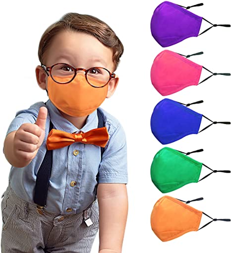 Kids Cloth Face Masks - 5 Pack Washable Reusable Children Face masks, Cool Colors, Cotton Polyester Fiber with Adjustable Straps, Nose Wire and Filter Pocket for Girls and Boys Outdoor, School