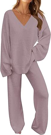 MEROKEETY Women's 2 Piece Outfits Fuzzy Fleece Pajama Set Long Sleeve Top Wide Leg Pants Loungewear