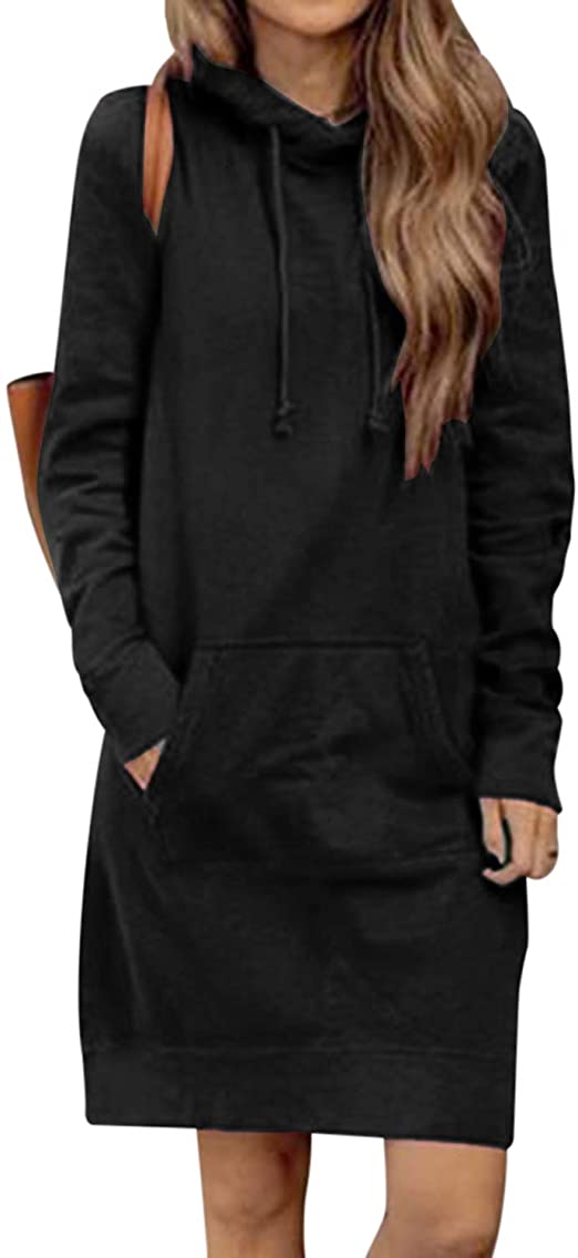 Kidsform Women's Casual Hoodie Dress Long Sleeve Solid Hooded Sweatshirt Long Tunic Tops Pullover Dresses with Pockets