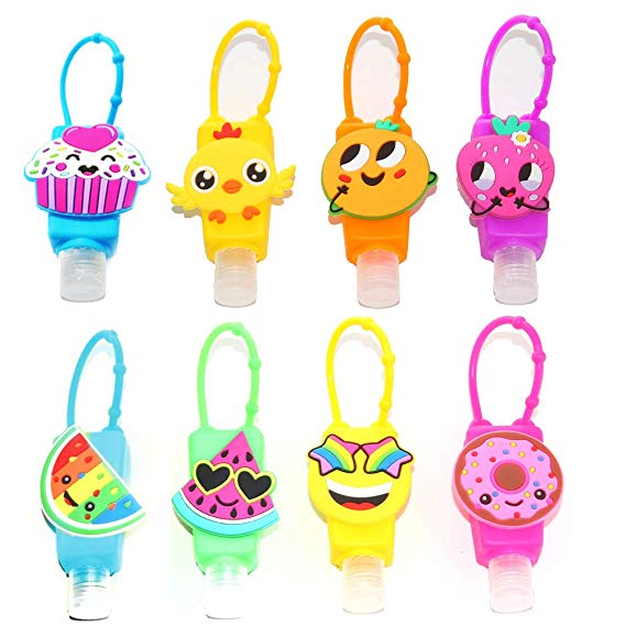 KINIA 8 Pack Mixed Kids Hand Sanitizer Travel Sized Holder Keychain Carriers - 8-1 fl oz Flip Cap Reusable Portable Empty Bottles (8-Variety Pack MIXED)