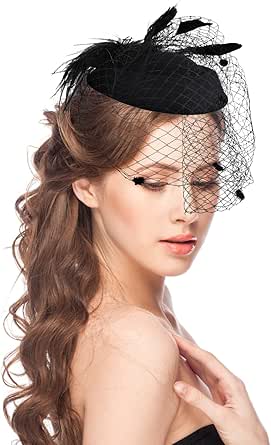 Yolev Fascinator Hat Veil Feather Fascinators Hair Clip Tea Party Pillbox Derby Hat Cocktail Tea Party Headwear for Girls and Women Black