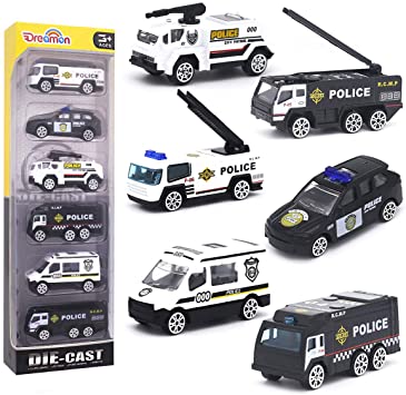Alloy Police Cars Set Mini Pocket Size Models Play Vehicles Toy Party Favors Cake Decorations Topper Birthday Giftfor Kids Boys,6Pcs Set