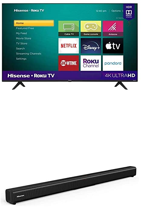 Hisense 43-Inch Class R6090G Roku 4K UHD Smart TV with Alexa Compatibility (43R6090G, 2020 Model)   Hisense 2.0 Channel Sound Bar Home Theater System with Bluetooth (Model HS205)