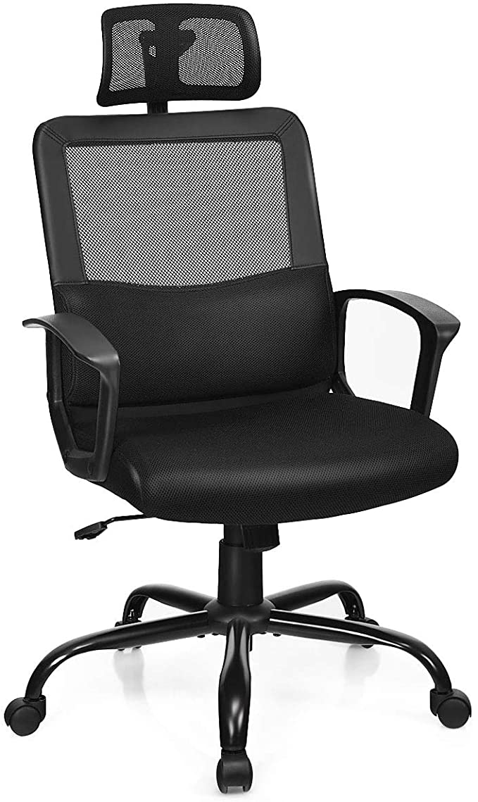 COSTWAY Mesh Office Chair, High Back Ergonomic Executive Chairs with Casters and Headrest, Adjustable Swivel Home Padded Computer Chairs (70 x 70 x 126cm)