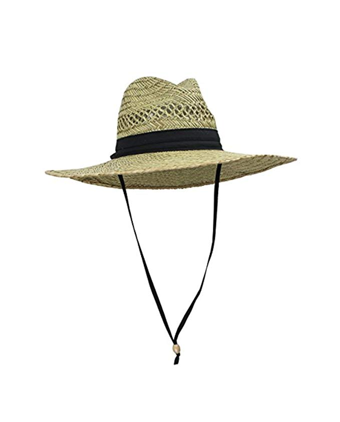 Natural Straw Outback Lifeguard Sun Hat with Wide Brim and Chin Strap