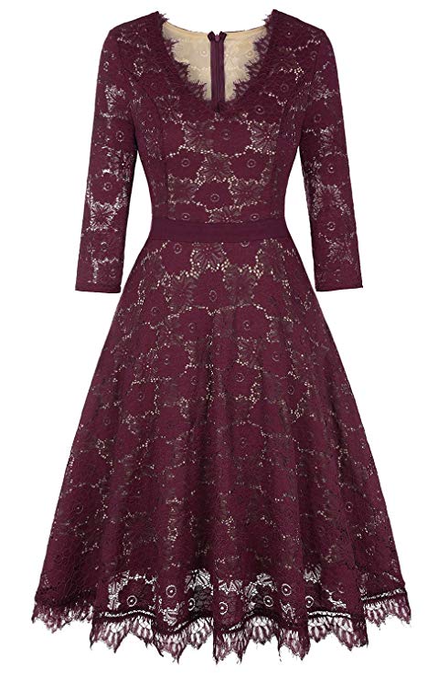 Twinklady Women's Vintage Full Lace Bell Sleeve Big Swing A-Line Dress