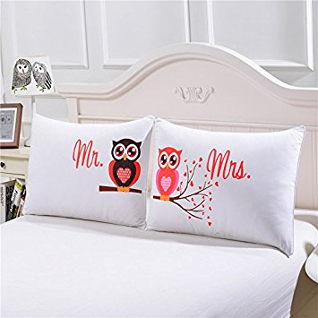 Toodou Bedding Pillowcases Without Pillows Brushed Microfiber Owls Pillow Protectors Set of 2,Queen Size For Couple White