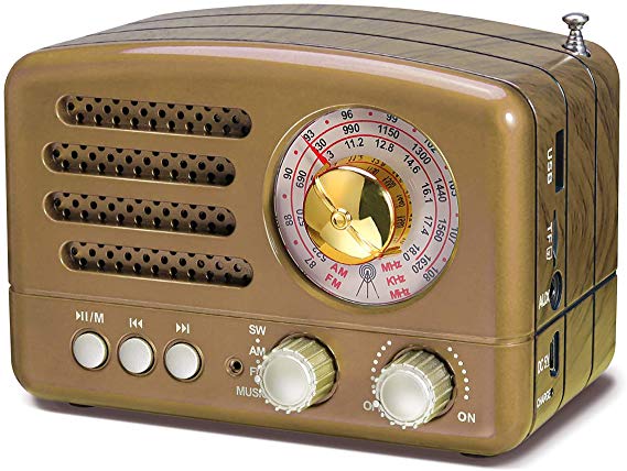 J-160 AM FM Radio Retro Bluetooth Speaker, Transistor Radio Portable Battery Operated Radio with Classical Vintage Look, Built-in USB Port, Micro-SD, AUX Input(Gold)