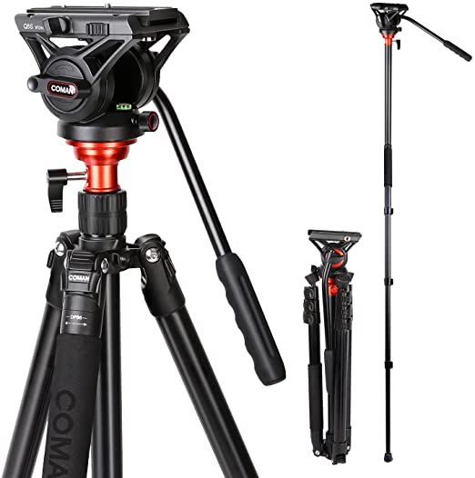 Fluid Head Tripod, COMAN Video Tripod Aluminium Alloy 70.8 inch for Canon Nikon Sony DSLR Camera