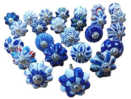 Set of 25 Blue and White Hand Painted Ceramic Pumpkin Assorted Knobs Cabinet Drawer Handles Pulls