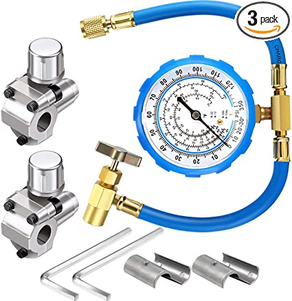 2 Pack BPV31 Bullet Piercing Tap Valve Kits Compatible with 1/4, 5/16, 3/8 Inch Outer Diameter Pipes and R134A Air Conditioning Refrigerant Charging Hose with Gauge, Connect to R12/ R22 Port Only