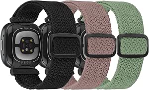 Braided Stretchy Solo Loop Bands Compatible With Fitbit Versa 3/Versa 4/Sense 2/Sense for Women Men Nylon Elastic Straps Wristbands for Fitbit Versa 3/4(3 Pack)