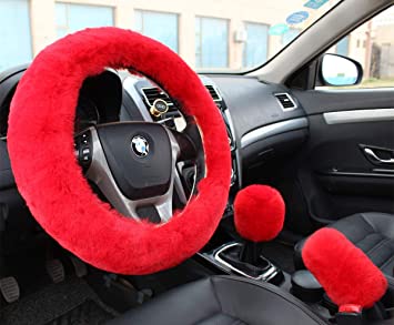 Valleycomfy Fashion Steering Wheel Covers for Women/Girls/Ladies Australia Pure Wool 15 Inch 1 Set 3 Pcs, Red