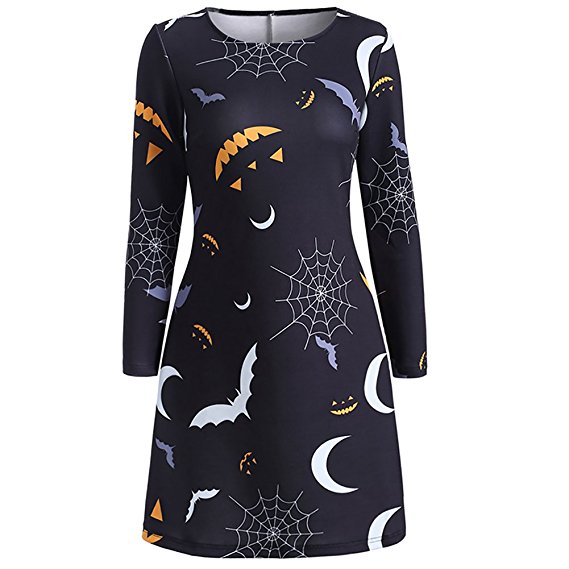 ICOCOPRO Slim Halloween Dress O Collar Neck Skirt of Halloween Printing with Scary Bats / Pumpkins / Moon Size From Small to 5XL