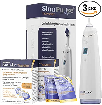 SinuPulse Traveler - Cordless Pulsating Sinus Irrigation, Nasal Rinse, Cleaner & Relief Machine for Travel - Includes 90 SinuAir Traveler Packets
