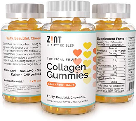 Zint Collagen Gummies: Wild-Caught Hydrolyzed Marine Collagen Peptides Protein Edible Supplement for Skin, Hair & Nails - Tropical Fruit Flavor, 60 Count