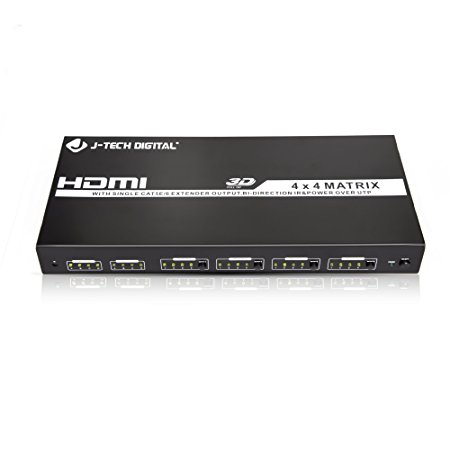 J-Tech Digital 4X4 HDMI Matrix Extender 4 Inputs 4   4 Outputs By Cat 5e/6 Cable Supports 1080P, Dolby AC3, DSD, Custom EDID, CEC, IR Extension& POE (Bundled with Four Receivers)