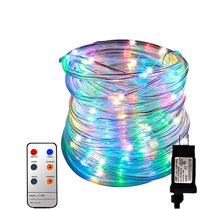 Zinuo LED String Rope Lights 33FT 136 LED Waterproof Outdoor Rope Lights, RF Remote, 8 Modes/Timer, Multi Color Patio Lights for Gardens Parties Wedding Holiday Decor (A Power Adaptor Included)