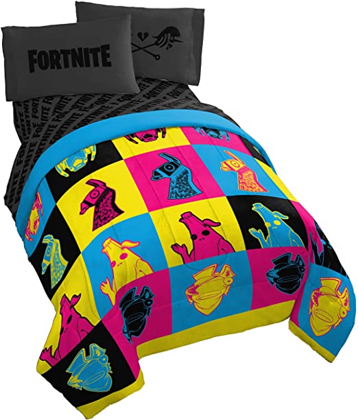 Jay Franco Fortnite Neon Warhol 5 Piece Full Bed Set - Includes Comforter & Sheet Set - Bedding Features Llama, Peely, Vertex - Super Soft Fade Resistant Microfiber - (Official Fortnite Product)