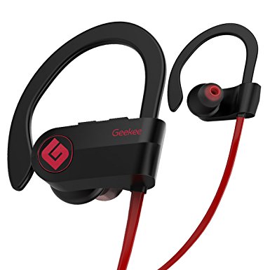 Wireless Headphones, Geekee Sports Bluetooth Headphones w/ Mic IPX7 Sweatproof Waterproof In Ear Earbuds for Running HD Stereo Bass Noise Cancelling headsets Secure Fit Ear hook 9 Hours Play Time