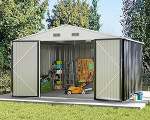 Greesum Outdoor Storage Shed 10 x 10 ft. Utility Tool Shed Metal Storage Garden Shed with Door & Lock for Patio Storage, Gray