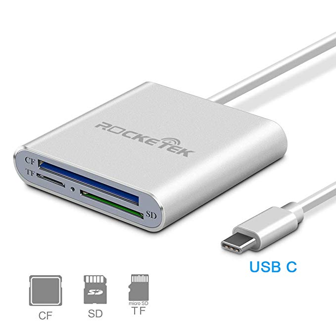 Rocketek 3 Slots USB C Memory Card Reader Writer - Thunderbolt 3 Port Compatible USB 3.0 CF/SD/TF Micro SD Card Reader