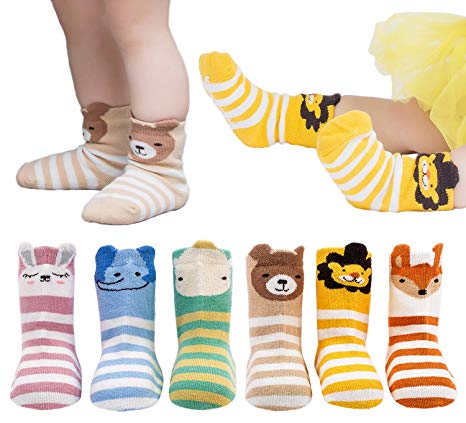 6 Pairs Toddler Socks, Non Skid Cotton Socks for Baby Boys & Girls (Cartoon Animal Rabbit Elephant Hippo Bear Lion Fox)