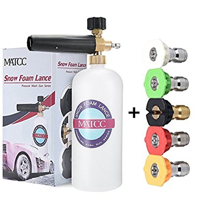 MATCC Adjustable Foam Cannon 33 fl. oz (1Liter) Bottle Snow Foam Lance With 1/4'' Quick Connector Foam Blaster, 5 Pressure Washer Nozzles for Cleaning