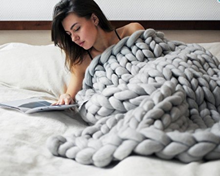 Besporter 120150CM Handmade Giant Chunky Merino Wool Knit Throw Sofa Blanket Hand-woven Bulky Blanket Home Decor Gift (47"59", grey2)