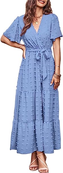 MASCOMODA Women Boho Swiss Dot Maxi Dresses Wrap V Neck Flutter Short Sleeve Solid Tie Waist A Line Tiered Flowy Long Dresses