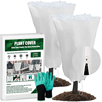 Plant Covers Freeze Protection for Winter 47" x 55" 2.1oz Frost Tree Covers Drawstring Bags for Cold Weather Anti-Freeze Shrub Jacket Warm Blanket w/Zipper and Garden Gloves (2 Packs, White)