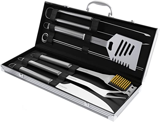 Home-Complete BBQ Grill Tool Set- Stainless Steel Barbecue Grilling Accessories Aluminum Storage Case, Includes Spatula, Tongs, Basting Brush
