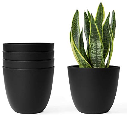 Mkono 5.5 Inch Plastic Planters Indoor Set of 5 Flower Plant Pots Modern Decorative Gardening Pot with Drainage for All House Plants, Flowers, Herbs, African Violets, Foliage Plants, Black