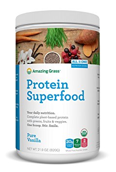 Amazing Grass Plant Protein Superfood Powder, 20 Servings Tub, Pure Vanilla, 21.9oz, Plant Protein Powder, Pea Protein, Hemp protein, Chia, Organic, Gluten Free, vegan protein, greens, spirulina