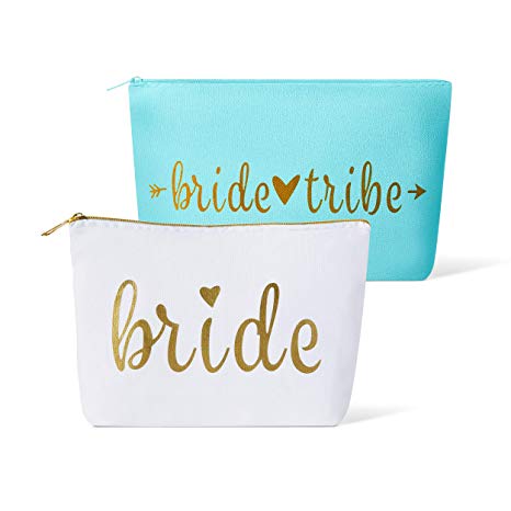11 Piece Set of Bride Tribe and Bride Canvas Makeup Bags for Bachelorette Parties, Weddings and Bridal Showers! (Bride Tribe, Turquoise)