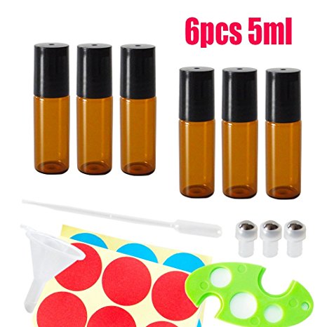 GreatforU 6x 5ml Empty Glass Amber Roll-on Bottles with Stainless Steel Roller Balls for Essential Oil Perfume w/ free 0.5ml Dropper, Mini Funnel, Bottle Opener, Extra 3 Roller Bolls, 12 Pieces Labels