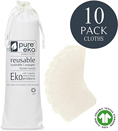 Large Reusable Unpaper Towels, Eco Friendly, Multi-use 100% Organic Cotton Cloths. Biodegradable, Washable, Reusable & Absorbent Paperless Kitchen Roll. Great Bamboo Paper Towel Alternative (10)