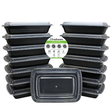 Freshware 15-Pack 1 Compartment Bento Lunch Boxes with Lids - Stackable, Reusable, Microwave, Dishwasher & Freezer Safe - Meal Prep, Portion Control, 21 Day Fix & Food Storage Containers (28oz)