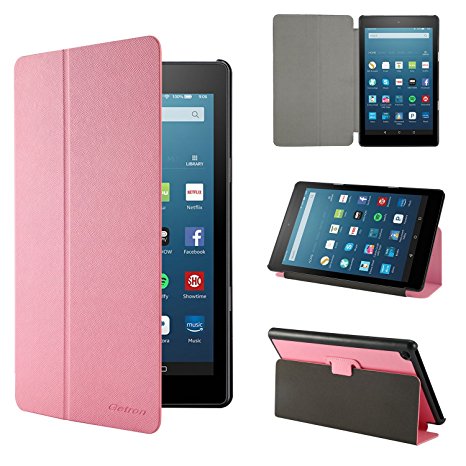 Getron Case for All-New Amazon Fire HD 8 ( 2016 release, 6th Generation ), Slim Folding Premium PU Leather Stand Cover with Auto Wake / Sleep for Fire HD 8 Tablet (6th Gen, 2016 Only) (Pink)