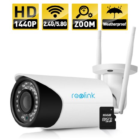 Wireless IP Camera, Reolink 4-Megapixel 1440P Wireless Security 2.4G/5.8G Dual Mode Wifi Outdoor Bullet, 4X Optical Zoom, Built-in 16GB Micro SD Card,2560x1440, Night Vision 80-110ft(RLC-411WS)