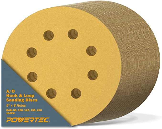 POWERTEC 44001XG-100V, 100 Pack, 5"x 8 Holes, A/O Hook & Loop Sanding Disc | 80, 100, 120, 150, 220, Assorted Grits, Gold