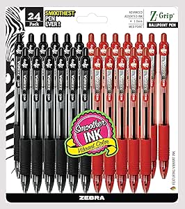 Zebra Pen, bulk pack of 24 ink pens, Z-Grip Retractable ballpoint pens Medium point 1.0 mm, 12 black pens & 12 Red pens combo pack