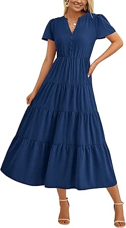 PRETTYGARDEN Women Summer Midi Dresses 2025 Casual Short Sleeve V Neck Belted Tiered Ruffle Vacation Dress with Pockets