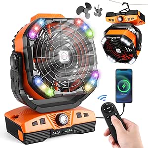 Odoland 40000mAh Camping Fan, Battery Operated Oscillating Outdoor Fan with RGB Light, Remote & Hook, Portable Rechargeable Tent Fan for Camping RV Fishing Jobsite Hurricane Power Outage