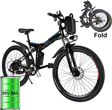 26'' Folding Electric Mountain Bike with Removable 36V 8AH Lithium-Ion Battery 250W Motor Electric Bike E-Bike 21 Speed Gear and Three Working Modes