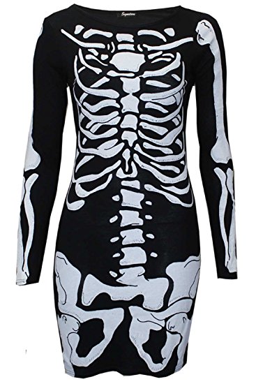 Thever Women Ladies Long Sleeve Halloween Skull Bone Print Bodycon Tunic Dress