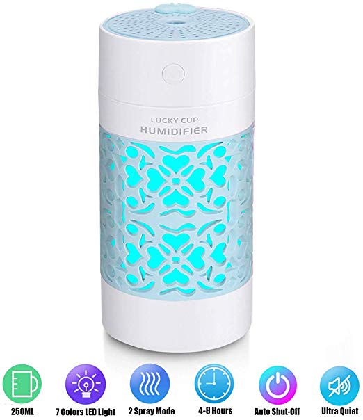 Car Humidifier, Portable 250ML USB Diffuser Air Refresher Essential Oil Aromatherapy Spray with 7 Colors LED Night Lights, Auto Shut-Off, Whisper-Quiet Operation for Bedroom, Office, Travel (Blue)